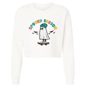 Ghost Skateboard Spooky Season Retro Halloween Costume Cropped Pullover Crew