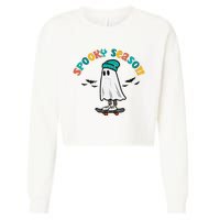 Ghost Skateboard Spooky Season Retro Halloween Costume Cropped Pullover Crew