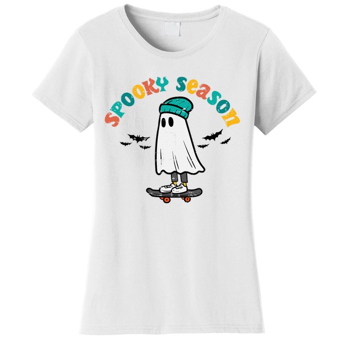 Ghost Skateboard Spooky Season Retro Halloween Costume Women's T-Shirt