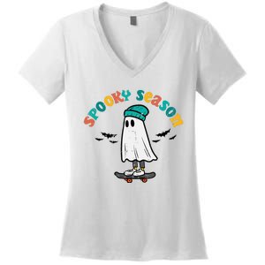 Ghost Skateboard Spooky Season Retro Halloween Costume Women's V-Neck T-Shirt