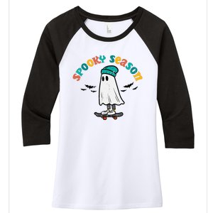 Ghost Skateboard Spooky Season Retro Halloween Costume Women's Tri-Blend 3/4-Sleeve Raglan Shirt