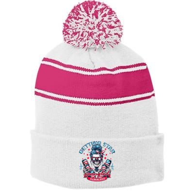 Getting Star Spangled Hammered Skeleton 4th Of July Stripe Pom Pom Beanie