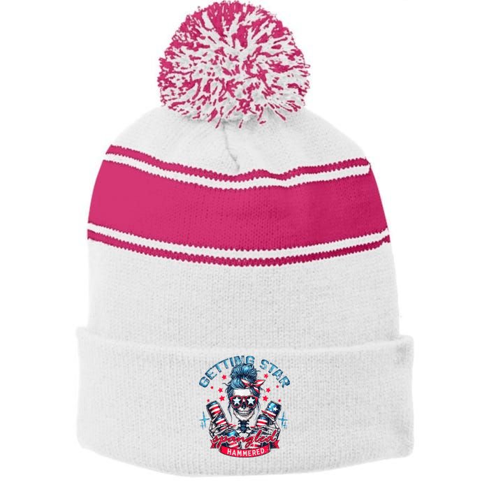 Getting Star Spangled Hammered Skeleton 4th Of July Stripe Pom Pom Beanie