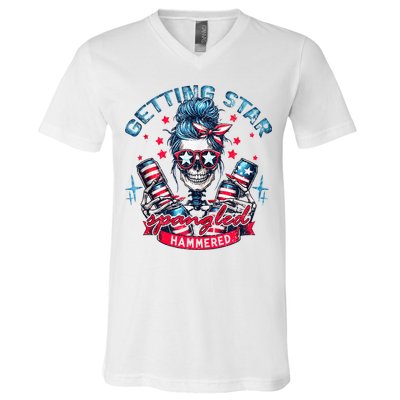 Getting Star Spangled Hammered Skeleton 4th Of July V-Neck T-Shirt