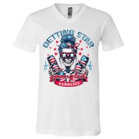 Getting Star Spangled Hammered Skeleton 4th Of July V-Neck T-Shirt