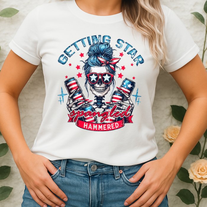 Getting Star Spangled Hammered Skeleton 4th Of July Womens T-Shirt