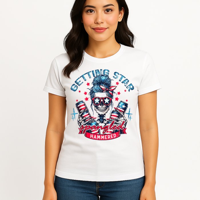 Getting Star Spangled Hammered Skeleton 4th Of July Womens T-Shirt