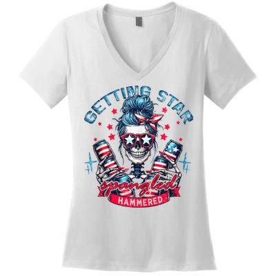 Getting Star Spangled Hammered Skeleton 4th Of July Women's V-Neck T-Shirt