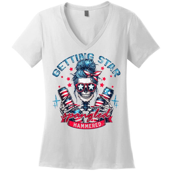 Getting Star Spangled Hammered Skeleton 4th Of July Women's V-Neck T-Shirt