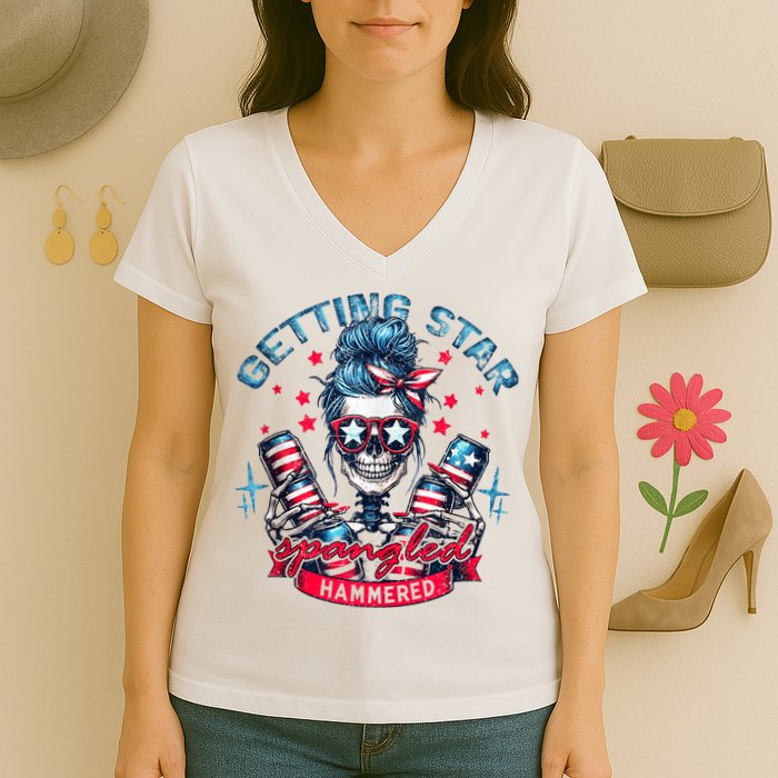 Getting Star Spangled Hammered Skeleton 4th Of July Women's V-Neck T-Shirt