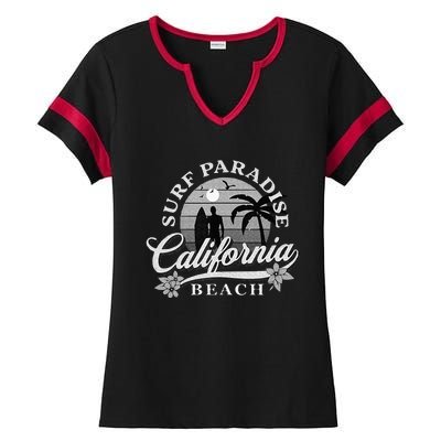 Grey Scale Surfing Design Surf Paradise At California Beach Ladies Halftime Notch Neck Tee