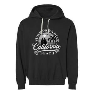 Grey Scale Surfing Design Surf Paradise At California Beach Garment-Dyed Fleece Hoodie