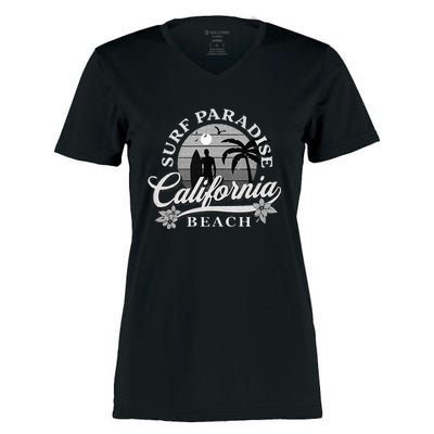 Grey Scale Surfing Design Surf Paradise At California Beach Women's Momentum V-Neck T-Shirt