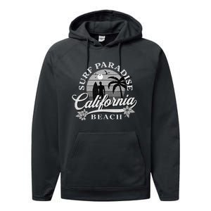 Grey Scale Surfing Design Surf Paradise At California Beach Performance Fleece Hoodie