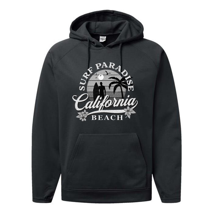 Grey Scale Surfing Design Surf Paradise At California Beach Performance Fleece Hoodie