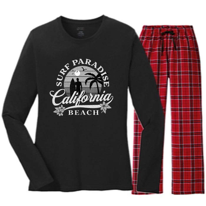 Grey Scale Surfing Design Surf Paradise At California Beach Women's Long Sleeve Flannel Pajama Set 