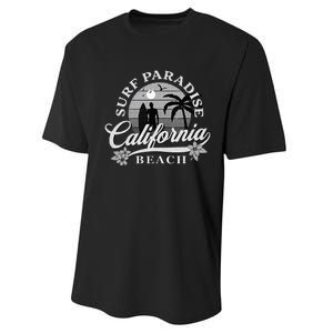 Grey Scale Surfing Design Surf Paradise At California Beach Performance Sprint T-Shirt