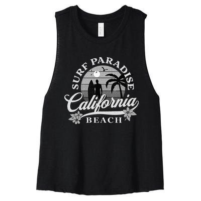 Grey Scale Surfing Design Surf Paradise At California Beach Women's Racerback Cropped Tank