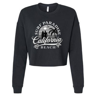 Grey Scale Surfing Design Surf Paradise At California Beach Cropped Pullover Crew