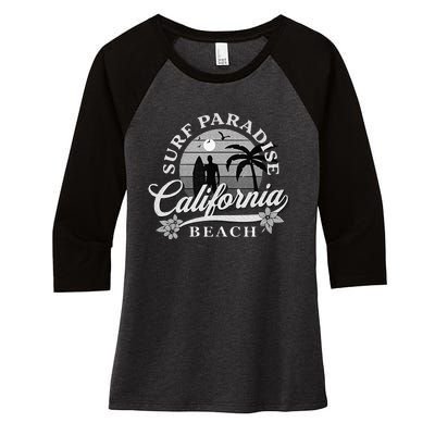 Grey Scale Surfing Design Surf Paradise At California Beach Women's Tri-Blend 3/4-Sleeve Raglan Shirt