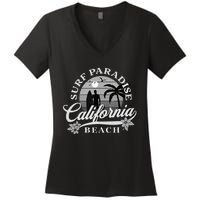 Grey Scale Surfing Design Surf Paradise At California Beach Women's V-Neck T-Shirt