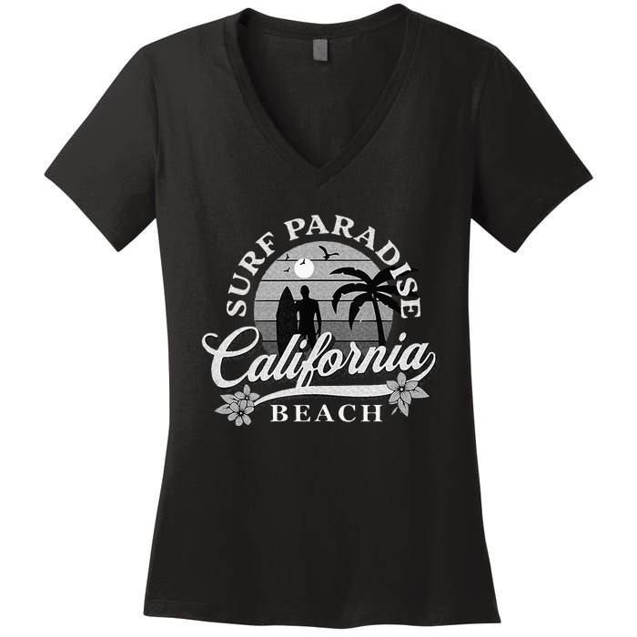 Grey Scale Surfing Design Surf Paradise At California Beach Women's V-Neck T-Shirt