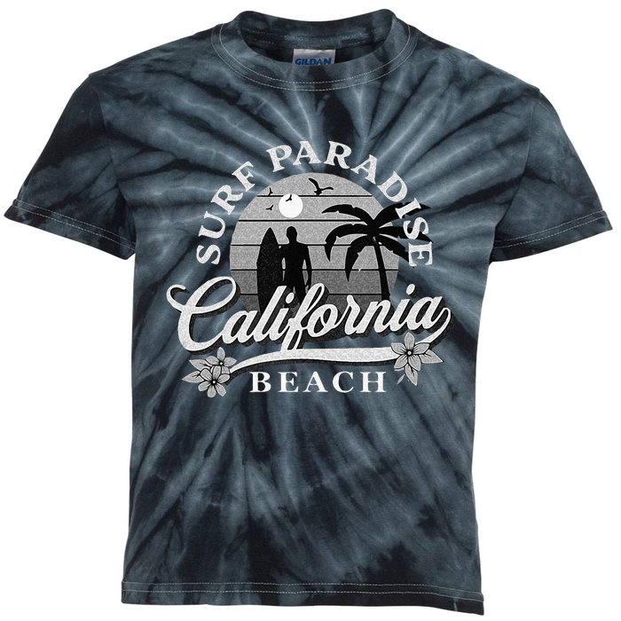 Grey Scale Surfing Design Surf Paradise At California Beach Kids Tie-Dye T-Shirt