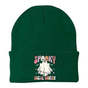 Groovy Spooky Social Worker Women Halloween Cute Ghost Knit Cap Winter Beanie