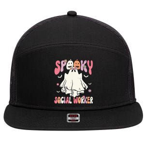 Groovy Spooky Social Worker Women Halloween Cute Ghost 7 Panel Mesh Trucker Snapback Hat