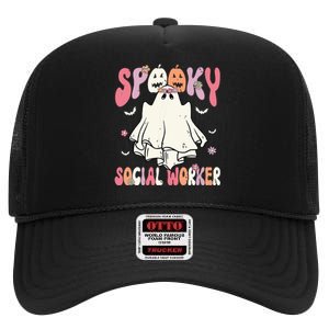 Groovy Spooky Social Worker Women Halloween Cute Ghost High Crown Mesh Back Trucker Hat