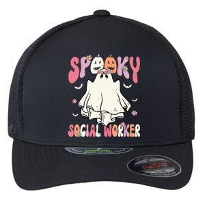 Groovy Spooky Social Worker Women Halloween Cute Ghost Flexfit Unipanel Trucker Cap