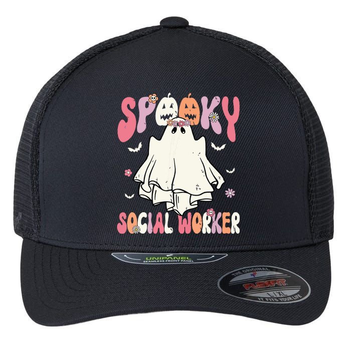 Groovy Spooky Social Worker Women Halloween Cute Ghost Flexfit Unipanel Trucker Cap