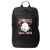 Groovy Spooky Social Worker Women Halloween Cute Ghost City Backpack