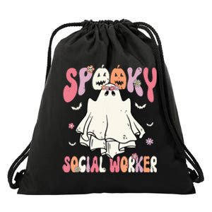 Groovy Spooky Social Worker Women Halloween Cute Ghost Drawstring Bag