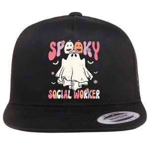 Groovy Spooky Social Worker Women Halloween Cute Ghost Flat Bill Trucker Hat