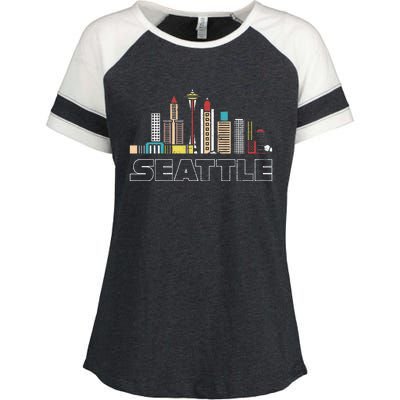 Grunge Seattle Skyline Distressed Look Design Enza Ladies Jersey Colorblock Tee