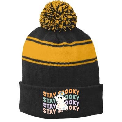 Groovy Stay Spooky Vibes Retro Floral Ghost Hippie Halloween Stripe Pom Pom Beanie