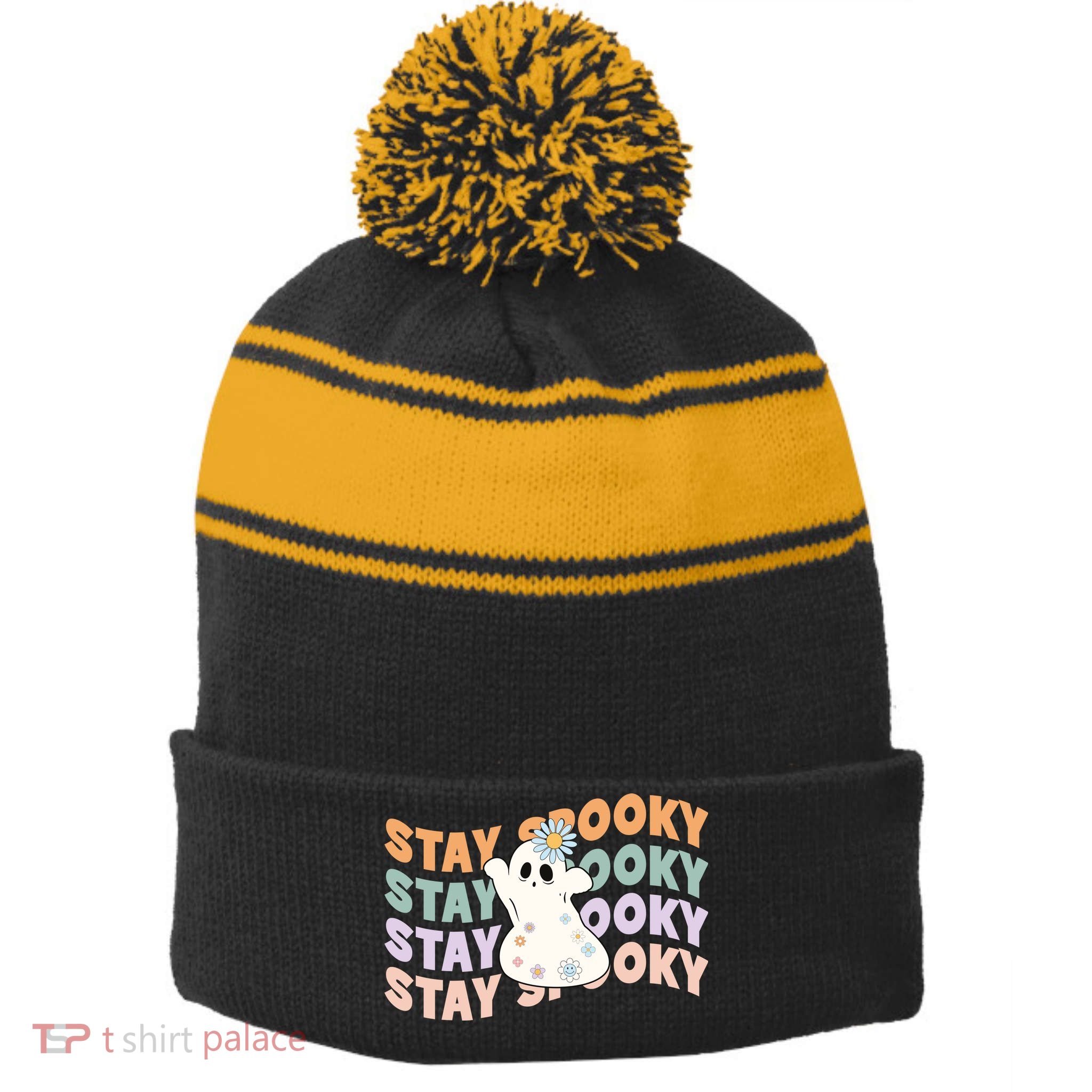 Groovy Stay Spooky Vibes Retro Floral Ghost Hippie Halloween Stripe Pom Pom Beanie
