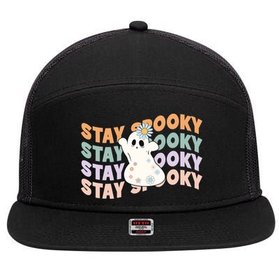 Groovy Stay Spooky Vibes Retro Floral Ghost Hippie Halloween 7 Panel Mesh Trucker Snapback Hat