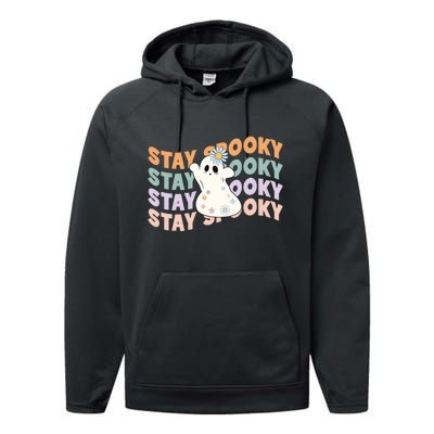 Groovy Stay Spooky Vibes Retro Floral Ghost Hippie Halloween Performance Fleece Hoodie