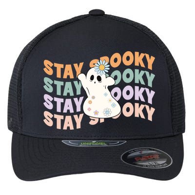 Groovy Stay Spooky Vibes Retro Floral Ghost Hippie Halloween Flexfit Unipanel Trucker Cap