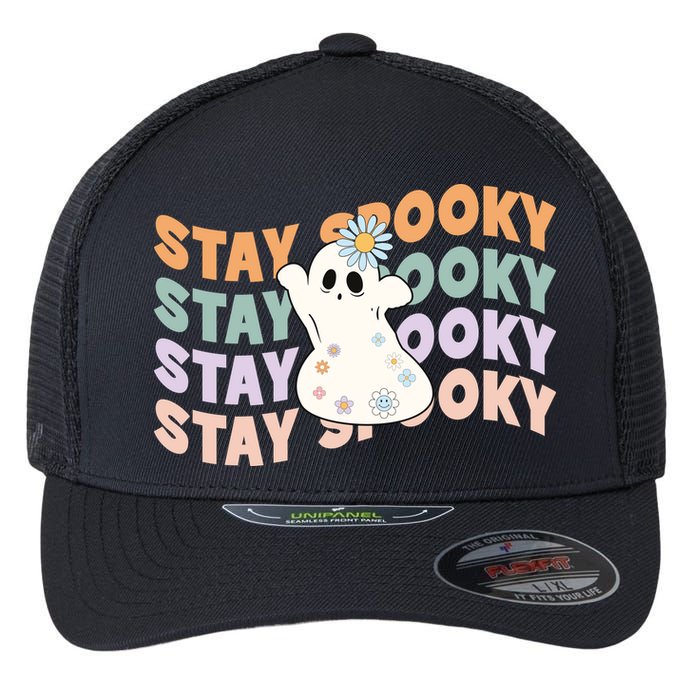 Groovy Stay Spooky Vibes Retro Floral Ghost Hippie Halloween Flexfit Unipanel Trucker Cap
