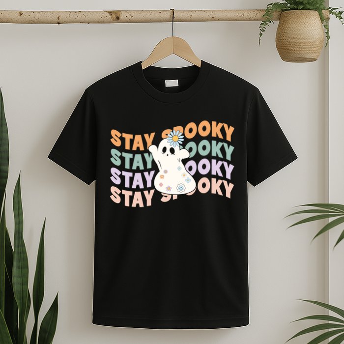 Groovy Stay Spooky Vibes Retro Floral Ghost Hippie Halloween T-Shirt