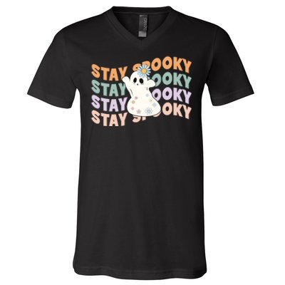 Groovy Stay Spooky Vibes Retro Floral Ghost Hippie Halloween V-Neck T-Shirt