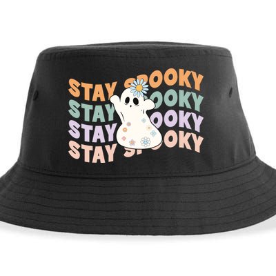 Groovy Stay Spooky Vibes Retro Floral Ghost Hippie Halloween Sustainable Bucket Hat