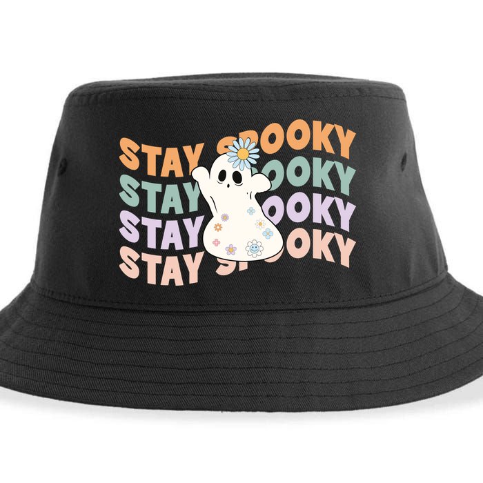 Groovy Stay Spooky Vibes Retro Floral Ghost Hippie Halloween Sustainable Bucket Hat