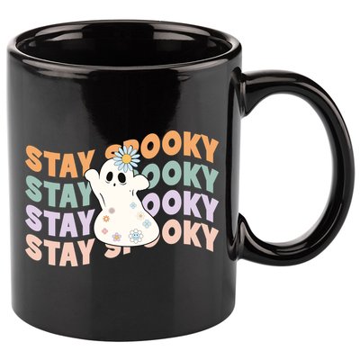 Groovy Stay Spooky Vibes Retro Floral Ghost Hippie Halloween 11oz C Handle Ceramic Mug