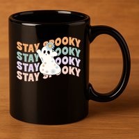 Groovy Stay Spooky Vibes Retro Floral Ghost Hippie Halloween 11oz C Handle Ceramic Mug