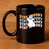 Groovy Stay Spooky Vibes Retro Floral Ghost Hippie Halloween 11oz C Handle Ceramic Mug