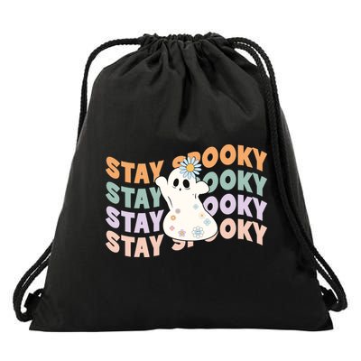 Groovy Stay Spooky Vibes Retro Floral Ghost Hippie Halloween Drawstring Bag